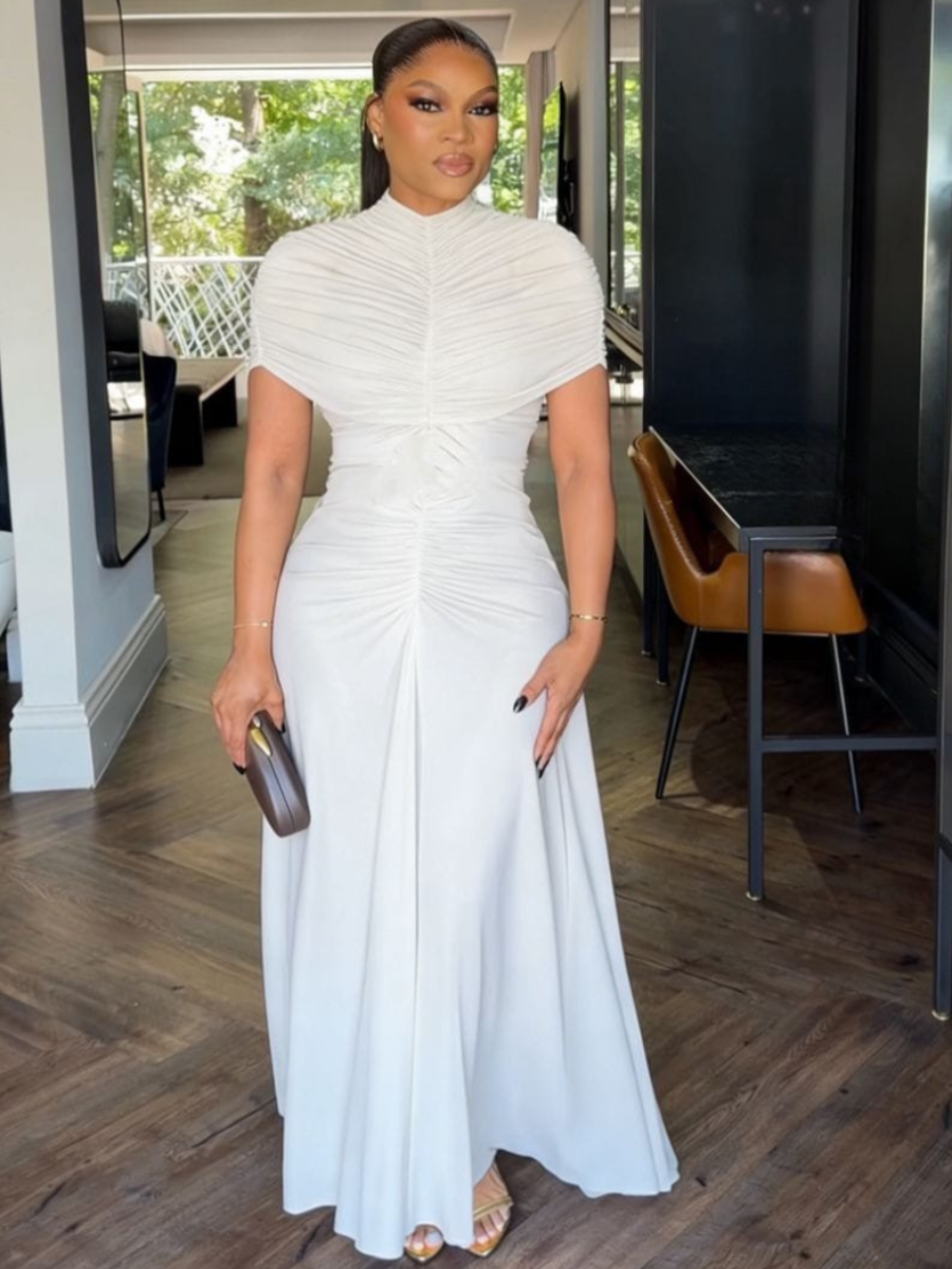 Ruched Mock Neck Maxi Dress