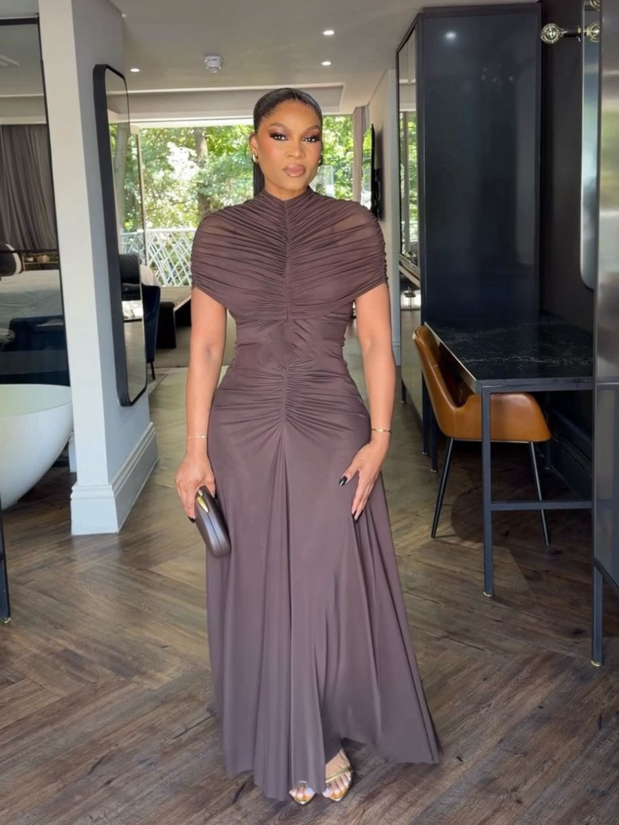 Ruched Mock Neck Maxi Dress