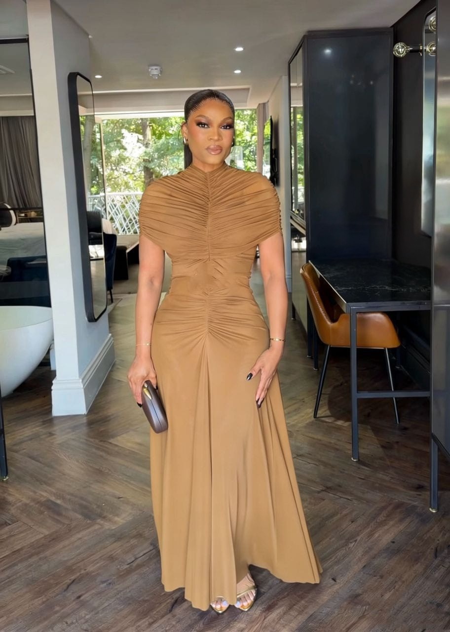 Ruched Mock Neck Maxi Dress