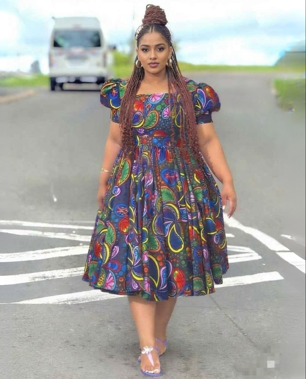African Print Puff Sleeve Midi Dress