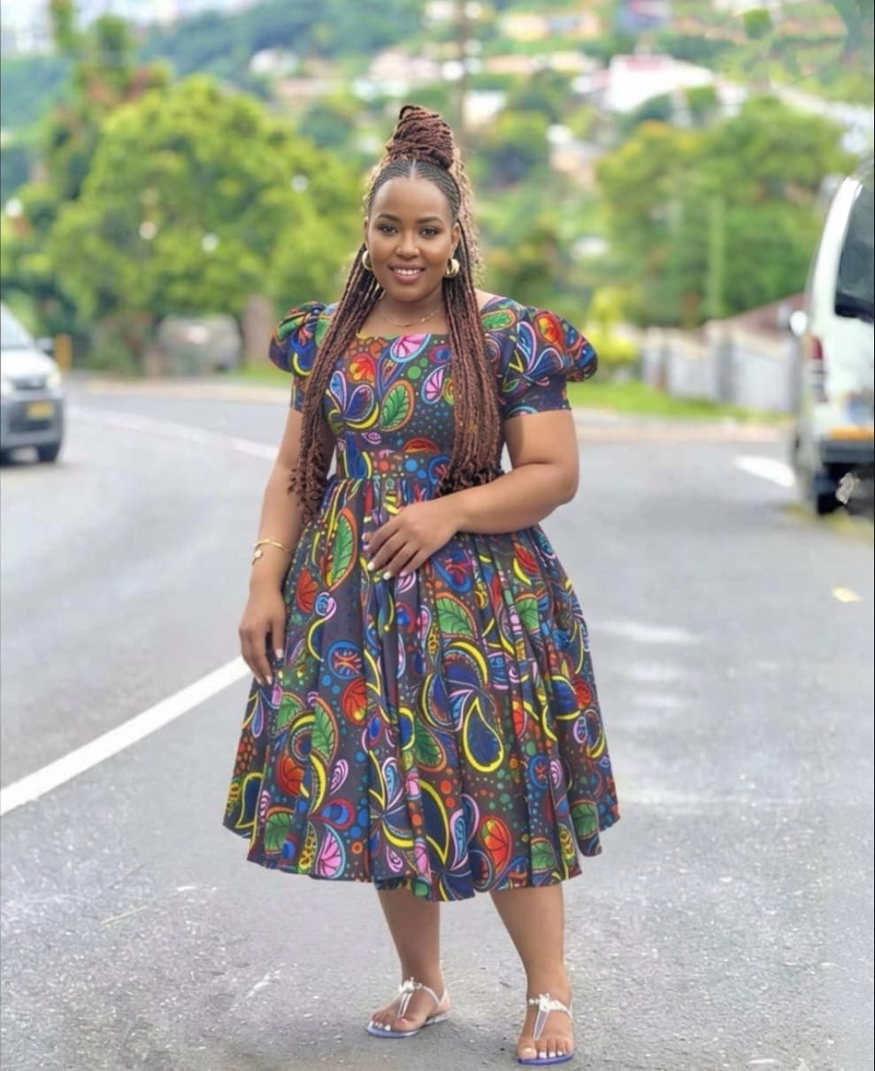 African Print Puff Sleeve Midi Dress
