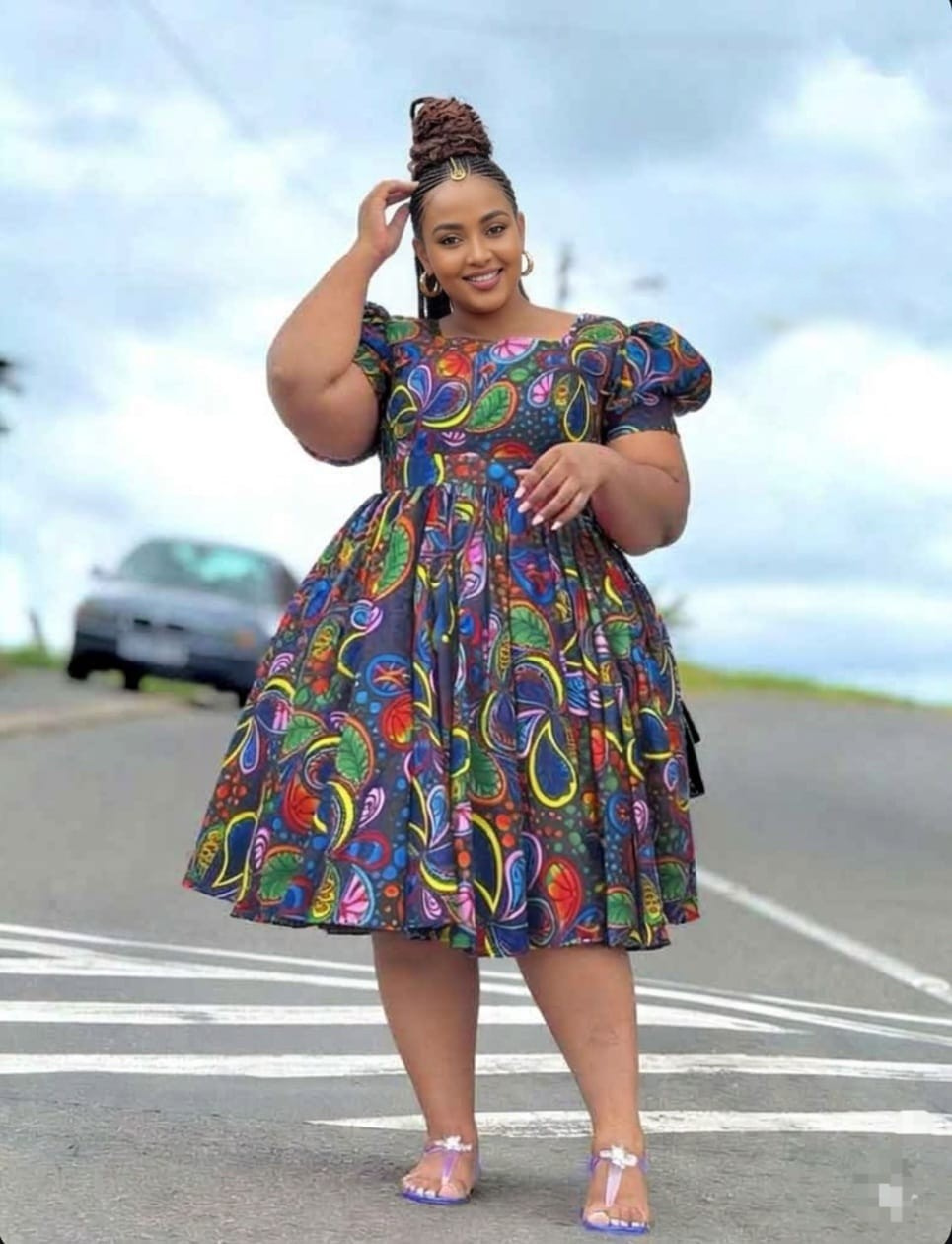 African Print Puff Sleeve Midi Dress