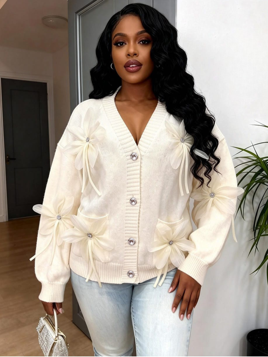 Floral Appliqué Knit Cardigan