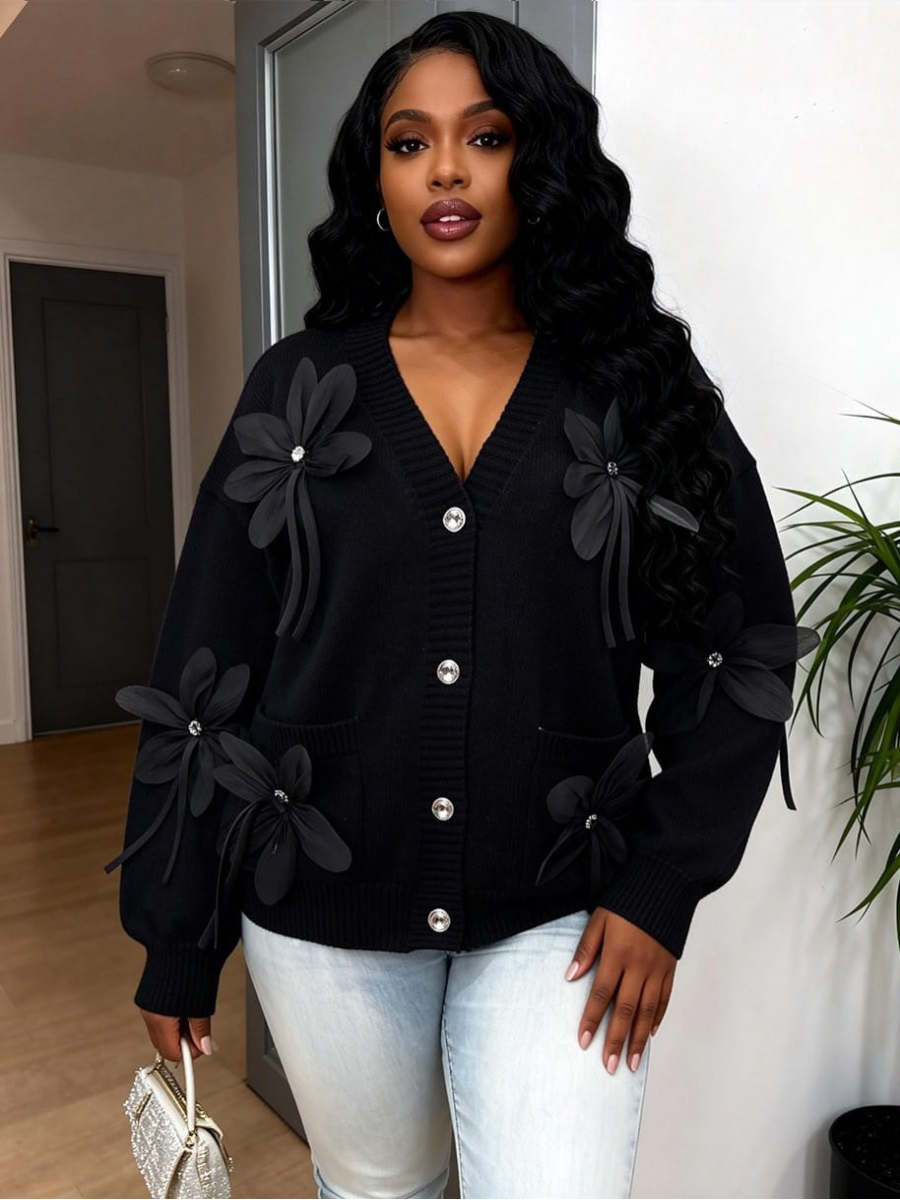 Floral Appliqué Knit Cardigan