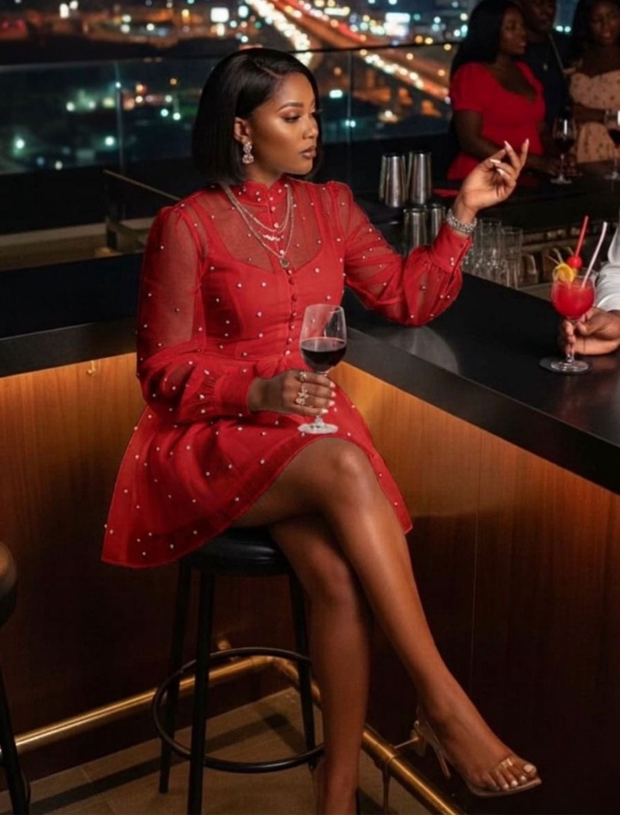 Pearl Embellished Sheer Mini Dress