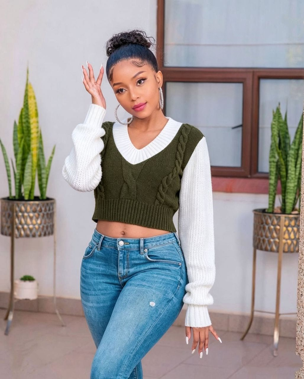 Cable Knit Two-Tone Crop Sweater