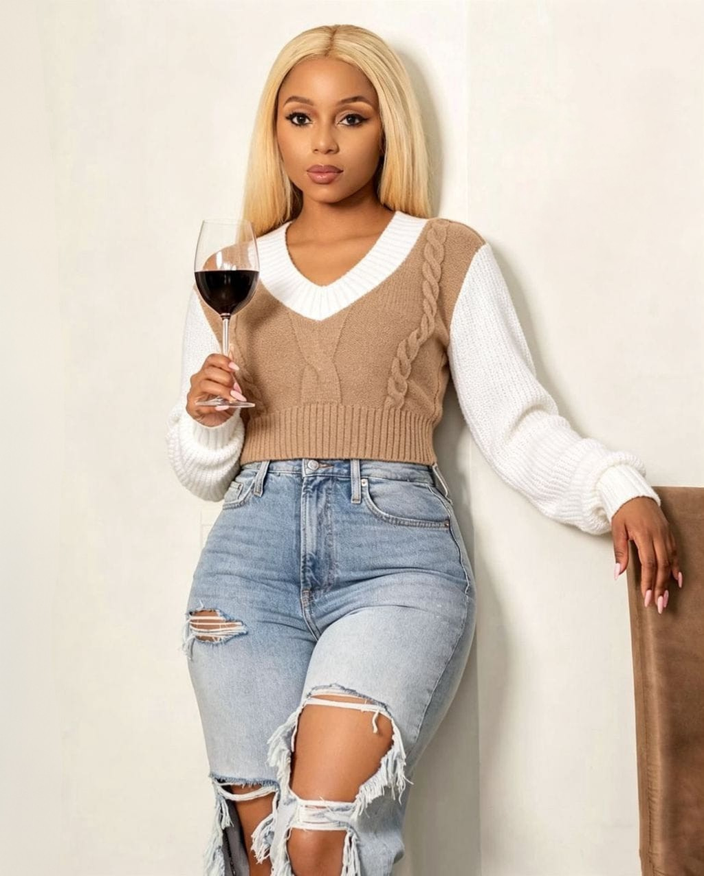 Cable Knit Two-Tone Crop Sweater