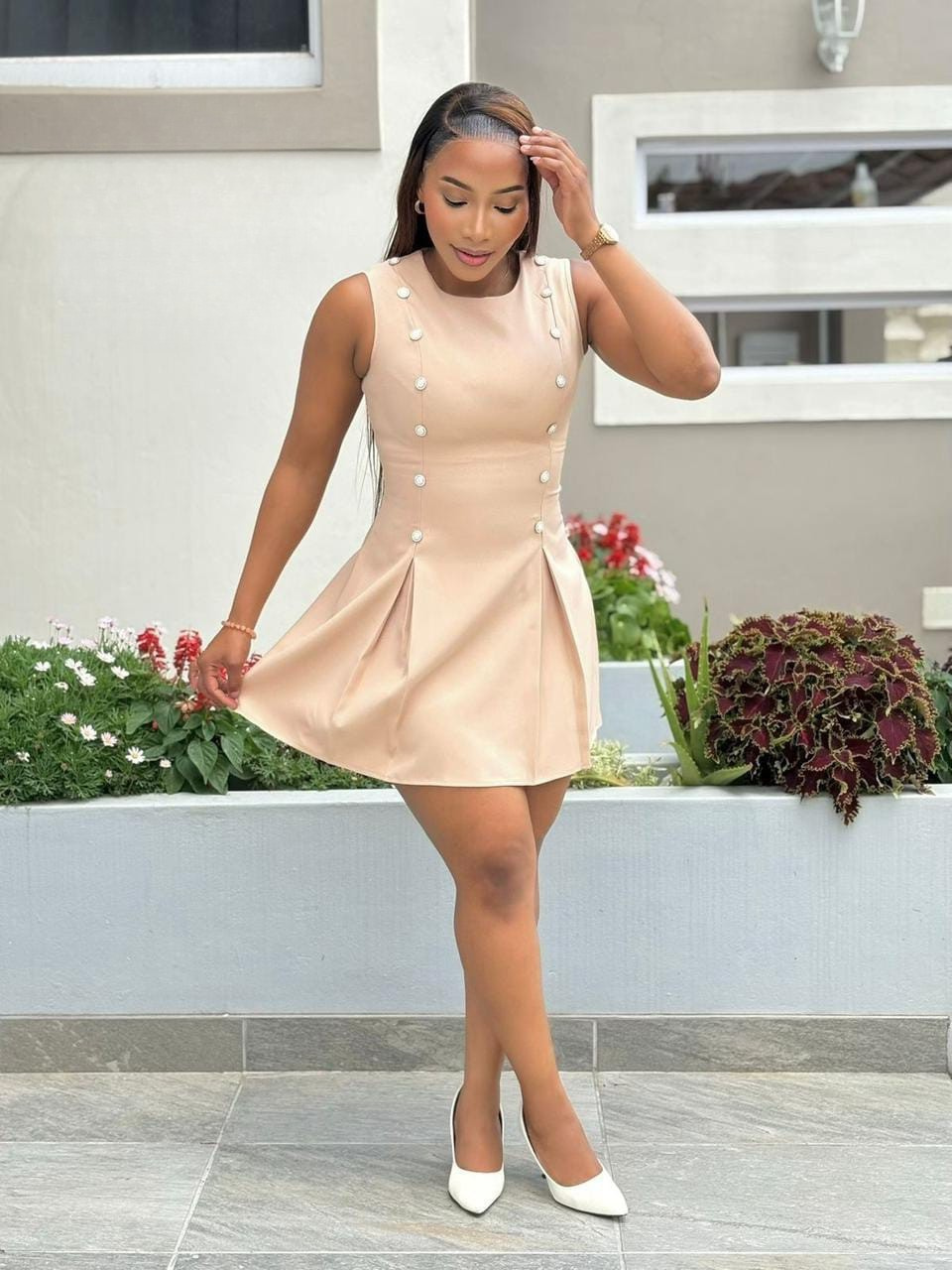 Pearl Button A-Line Mini Dress