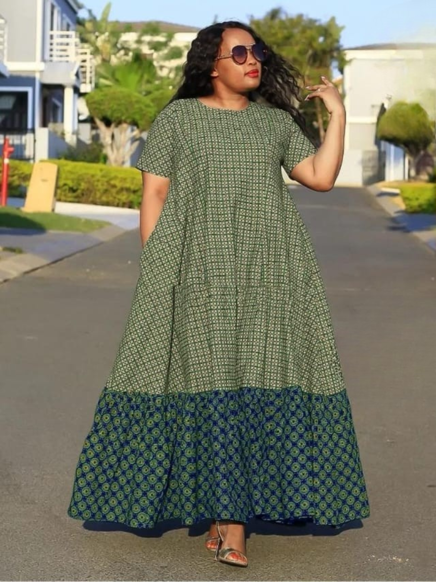 Green African Print Tiered Maxi Dress