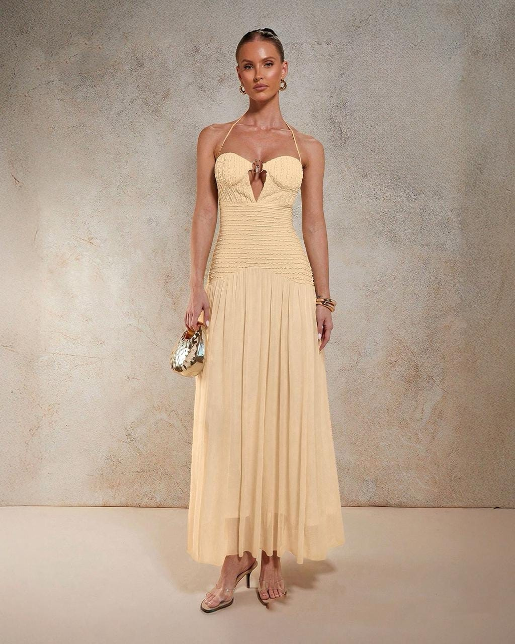 Halter Neck Ruched Maxi Dress