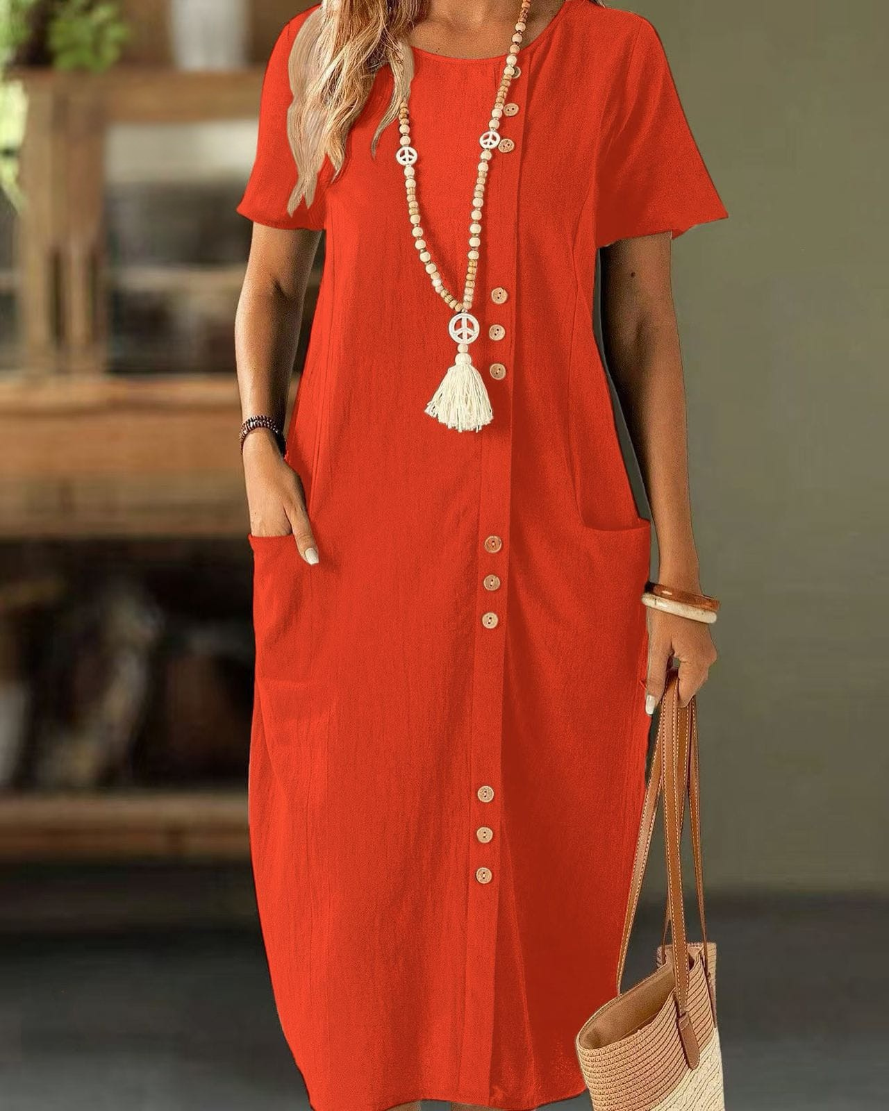 Women's Button-Front Linen Midi Dress