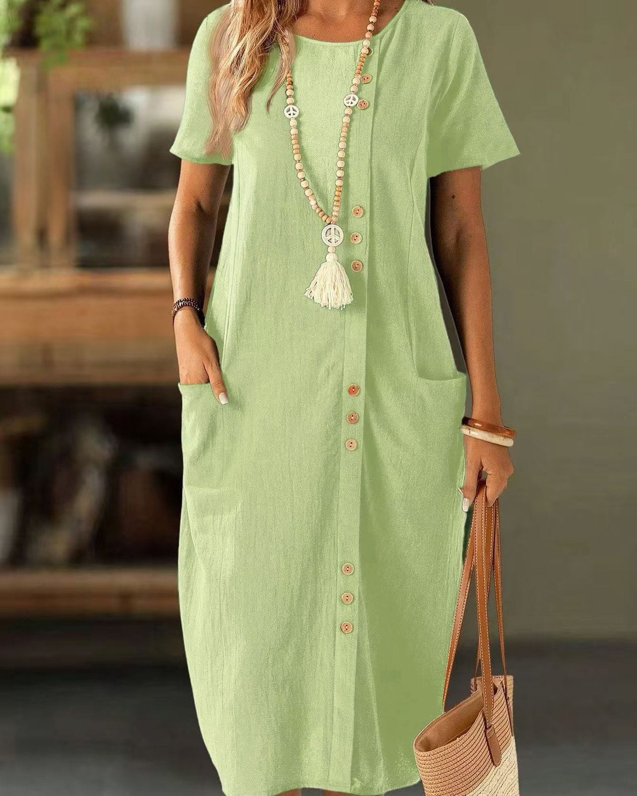 Women's Button-Front Linen Midi Dress