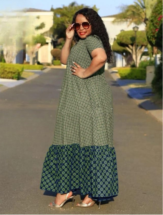 Green African Print Tiered Maxi Dress