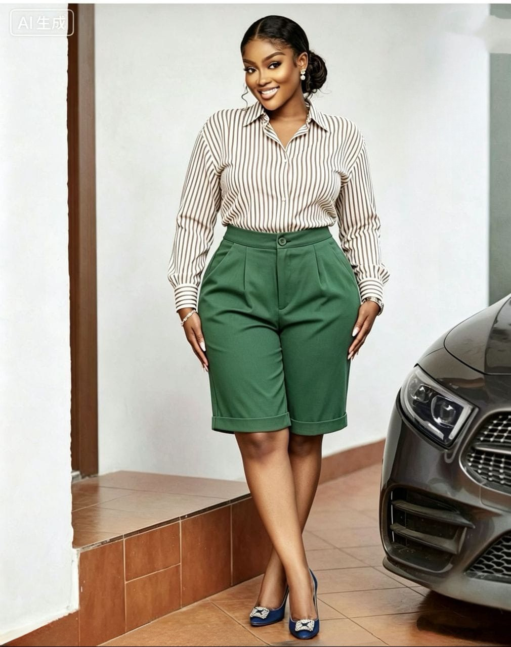 Striped Shirt & High-Waist Bermuda Shorts