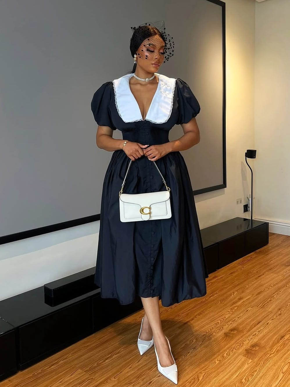 Puff Sleeve Peter Pan Collar Midi Dress