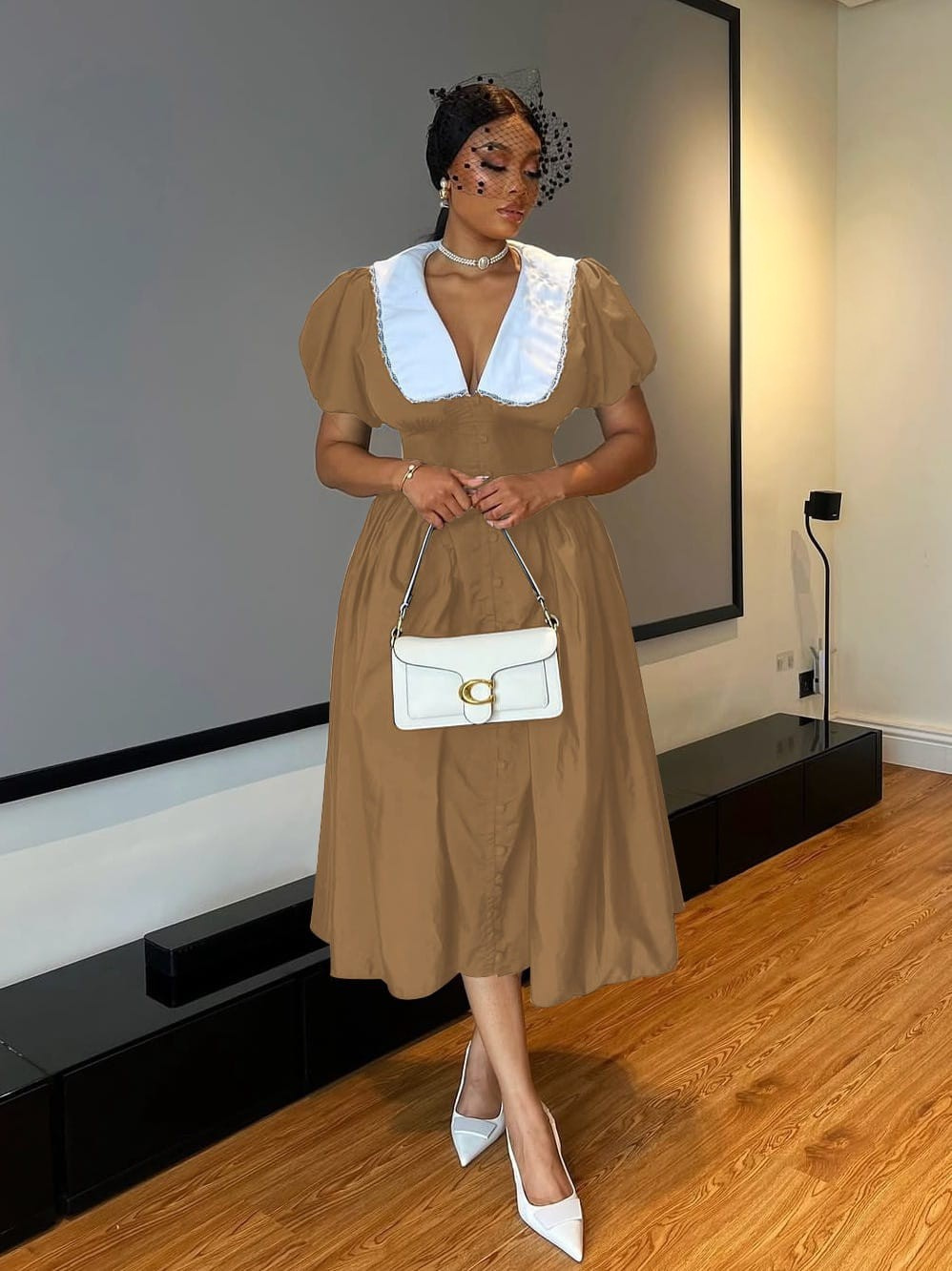 Puff Sleeve Peter Pan Collar Midi Dress