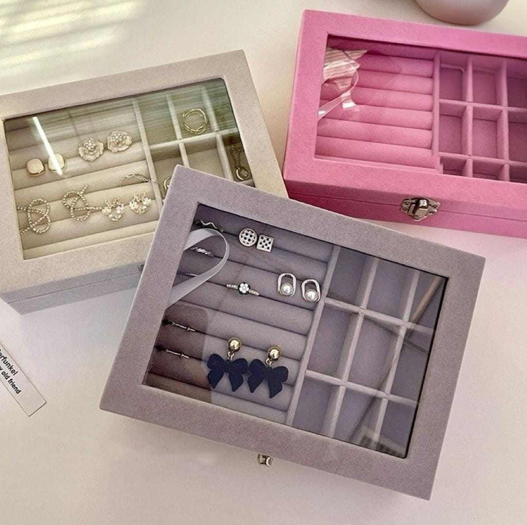 Velvet Jewellery Box with Glass Lid