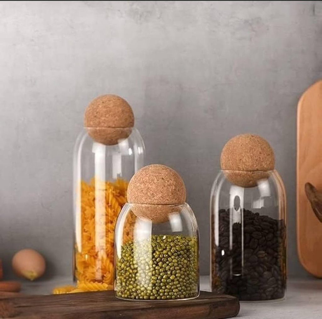 Glass Storage Jars with Cork Ball Lids – Set of 3