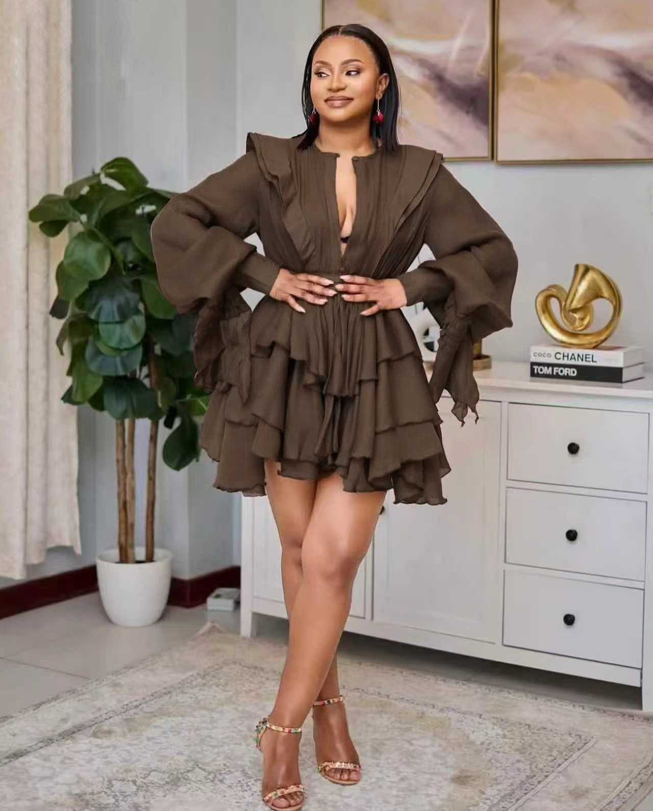 Chocolate Brown Ruffle Mini Dress
