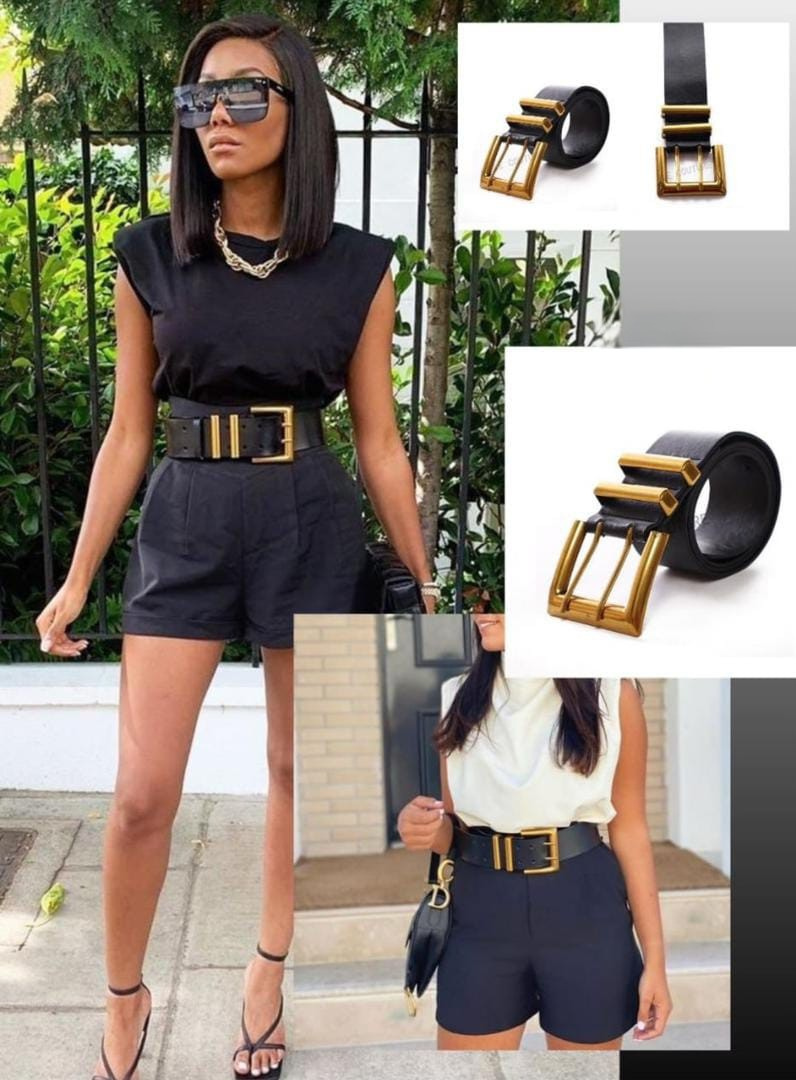 Wide Black Leather Belt with Gold Buckle