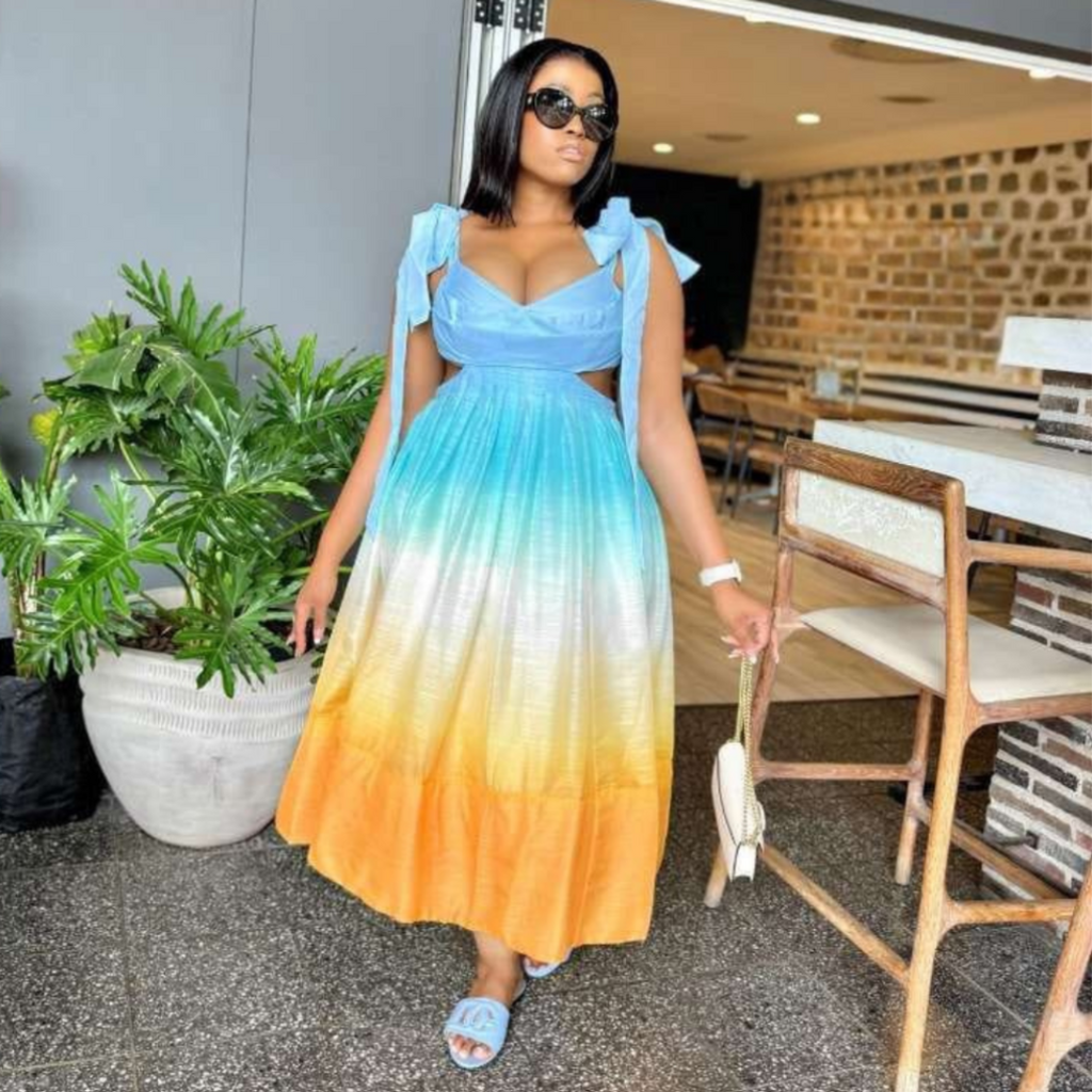 Ombre Tie-Shoulder Cutout Midi Dress