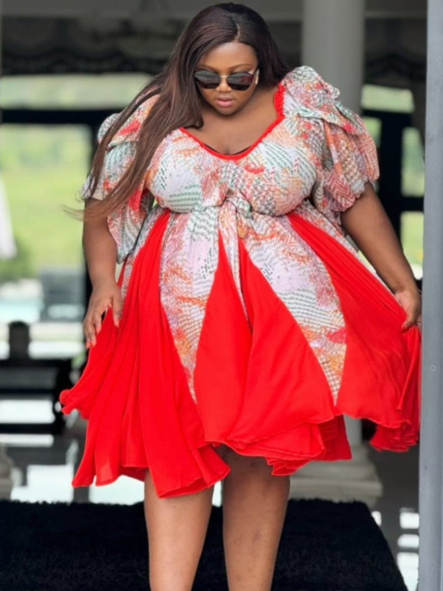 Plus Size Red Floral Puff Sleeve Dress