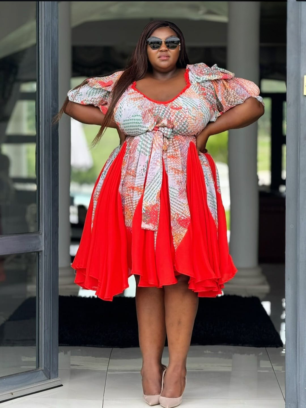 Plus Size Red Floral Puff Sleeve Dress