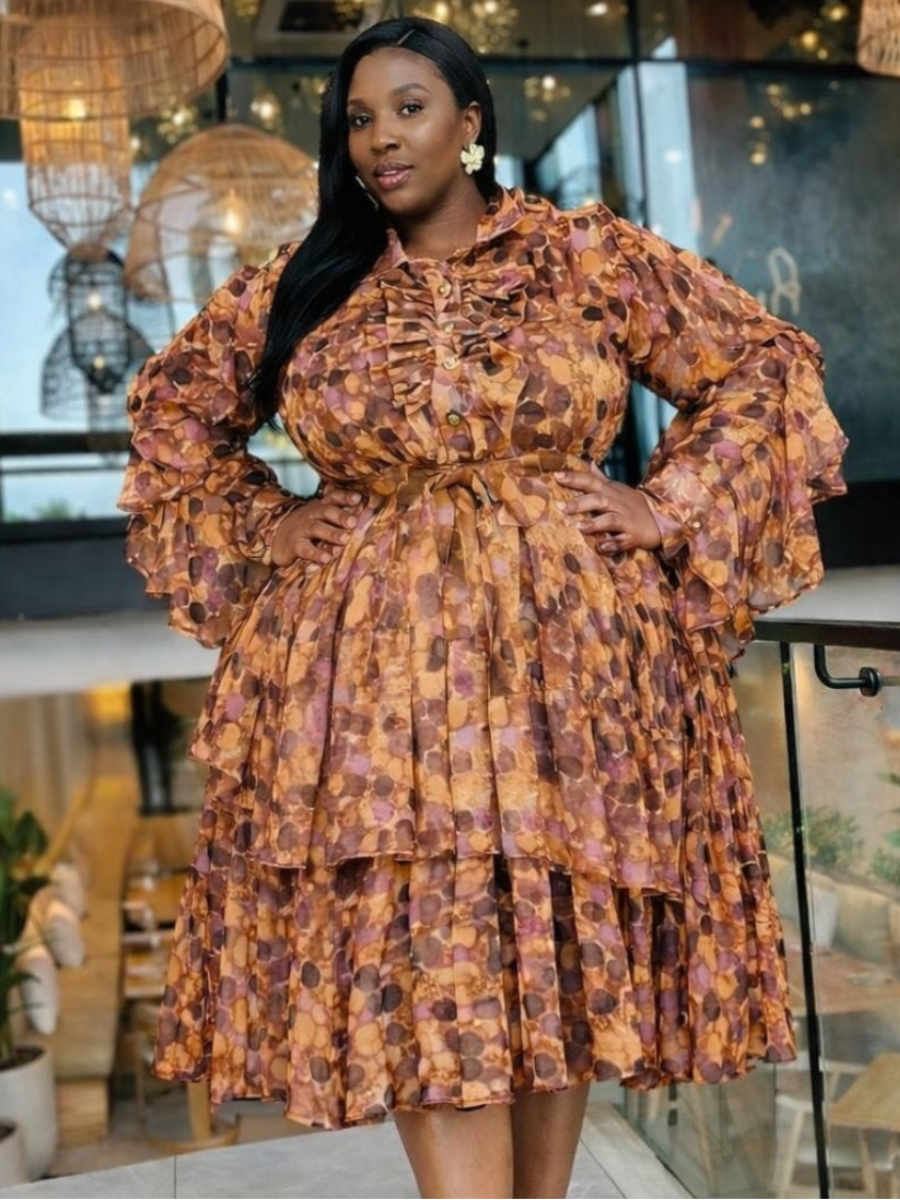 Tiered Ruffle Print Midi Dress