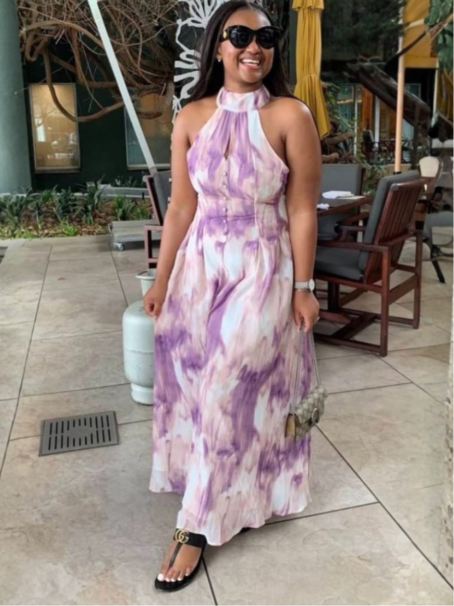 Purple Tie-Dye Halter Maxi Dress