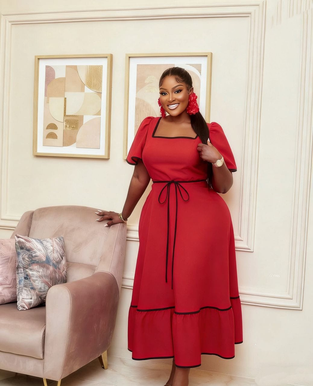Plus Size Square Neck Puff Sleeve Midi Dress with Belt