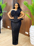 Black Sequin Ruffle Peplum Gown