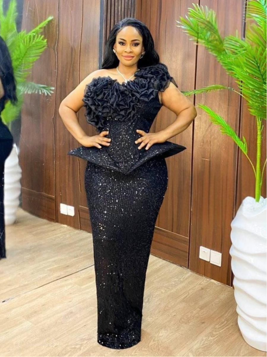 Black Sequin Ruffle Peplum Gown