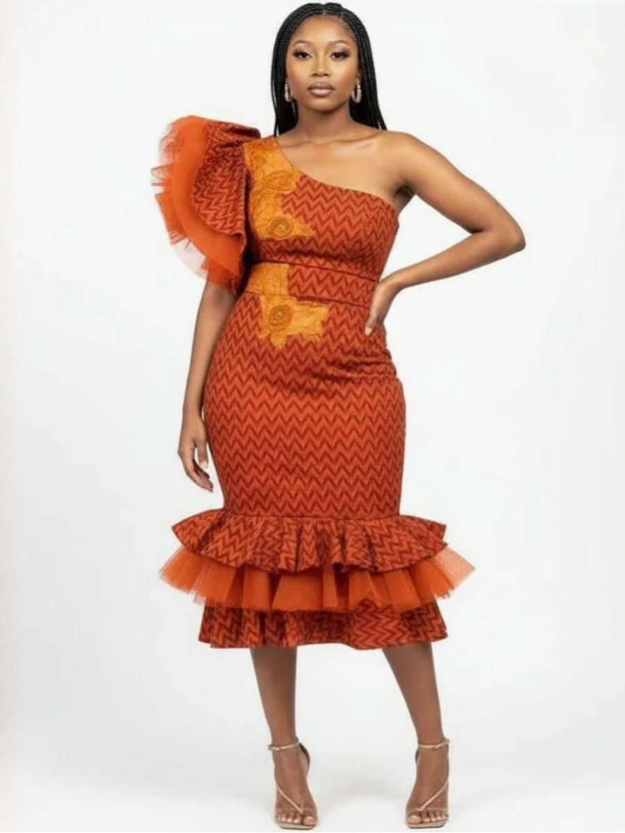 Shweshwe One-Shoulder Ruffle Midi Dress