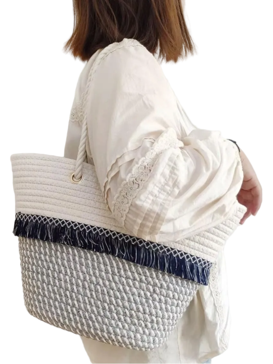 Boho Fringe Straw Tote Bag