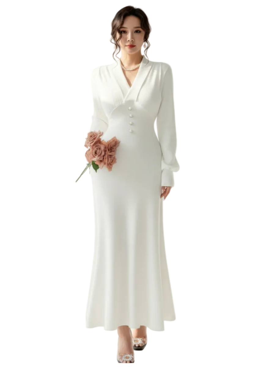Pearl Button V-Neck Knit Maxi Dress