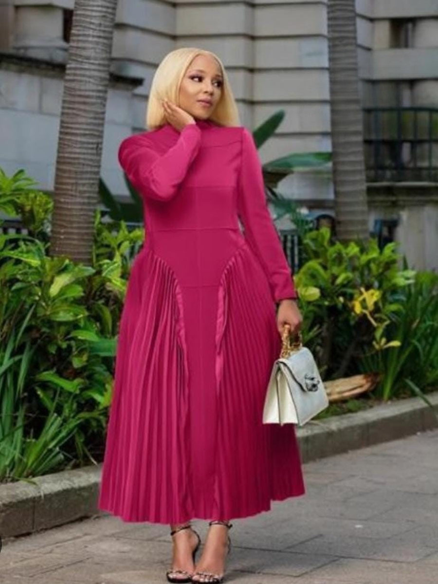 Pleated Midi Dress with Mock Neck