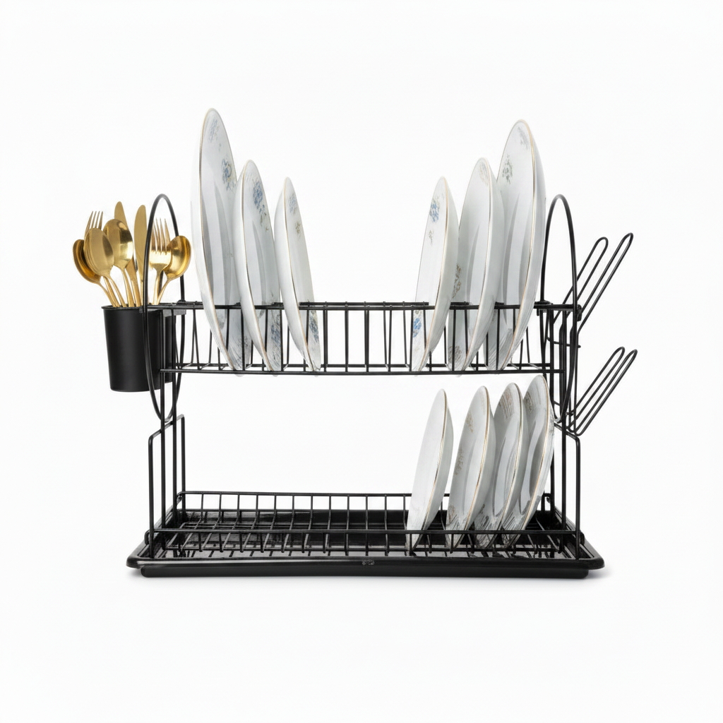 Black Dish Rack with Elegant Patterned Plates