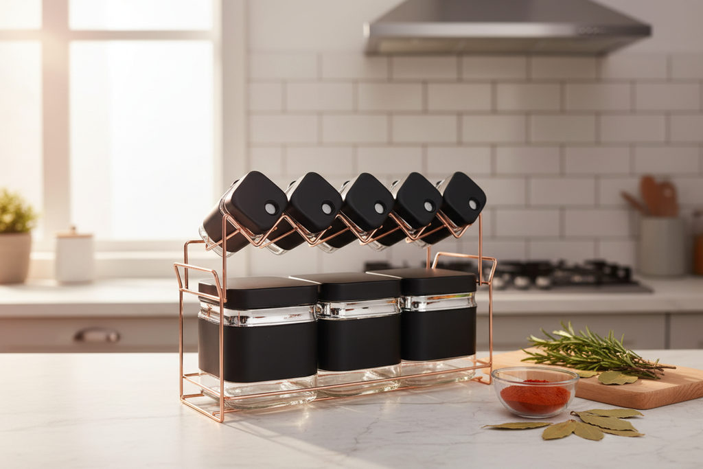 Black & Rose Gold Spice Jar Set – Lifestyle