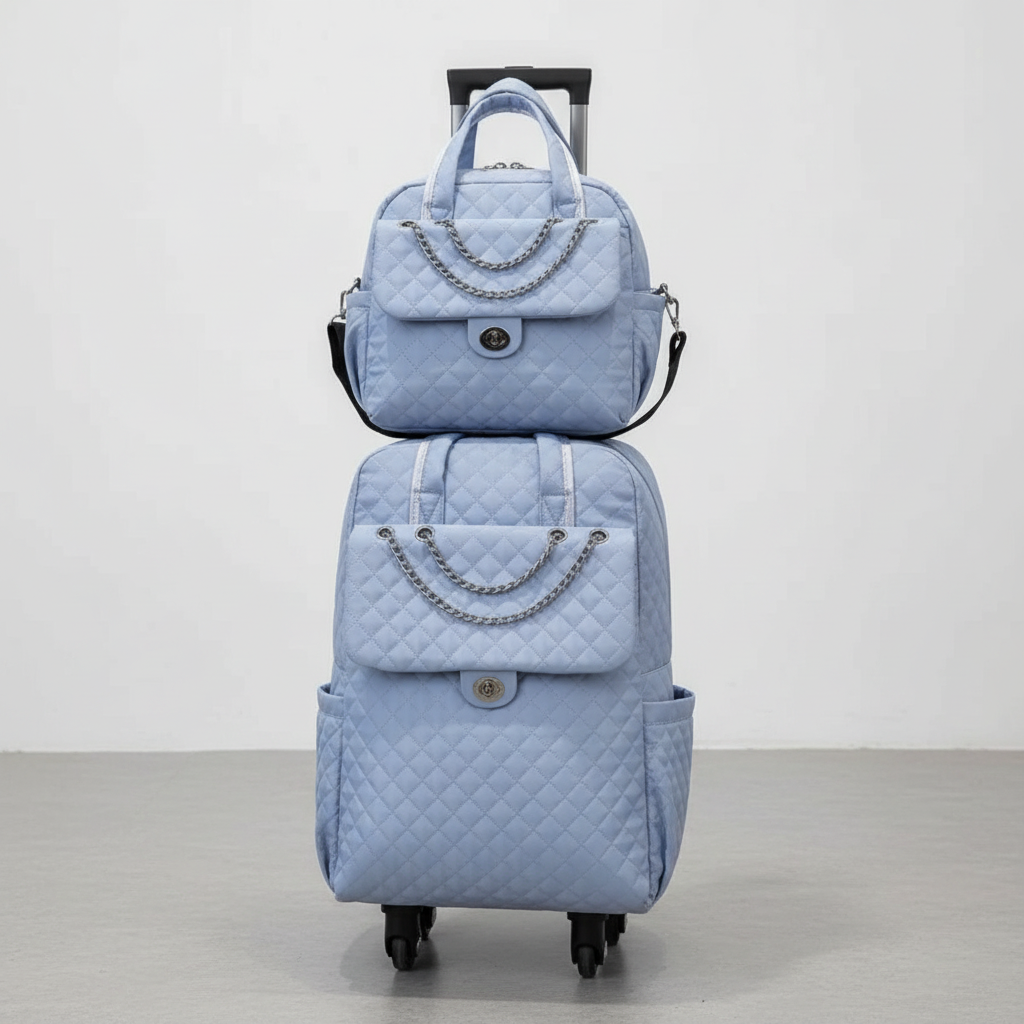 Blue quilted travel bag set