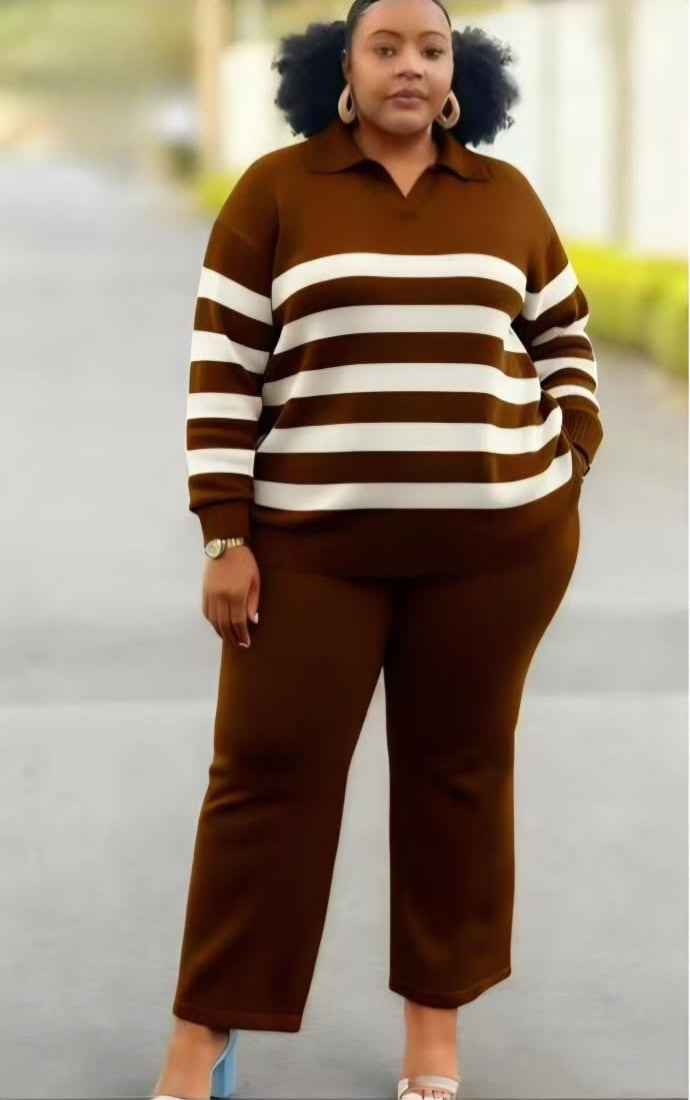Plus Size Striped Polo Knit Co-ord Set