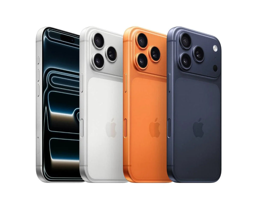 iPhone 17 Pro in four colors: Black, White, Cosmic Orange, and Deep Blue
