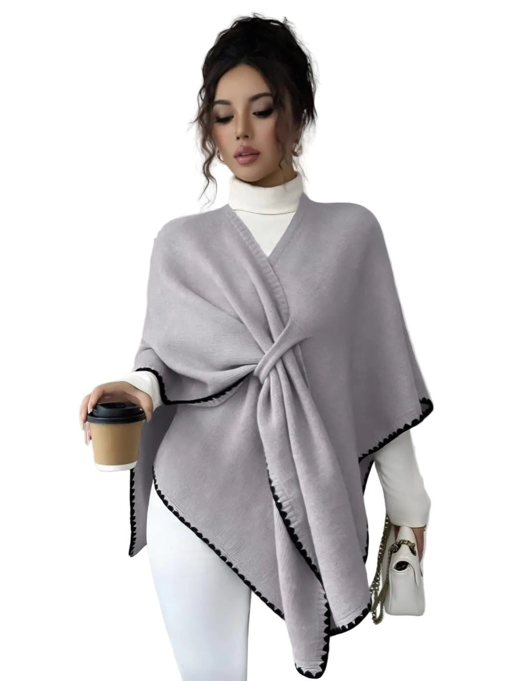Contrast Trim Wrap Poncho