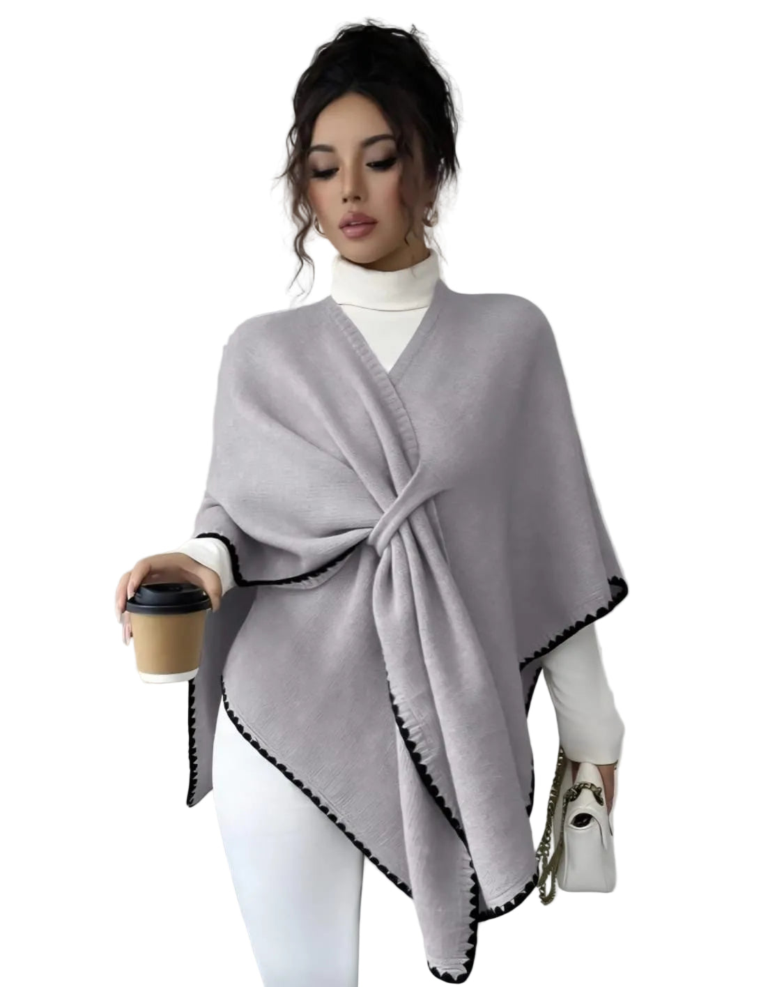 Contrast Trim Wrap Poncho