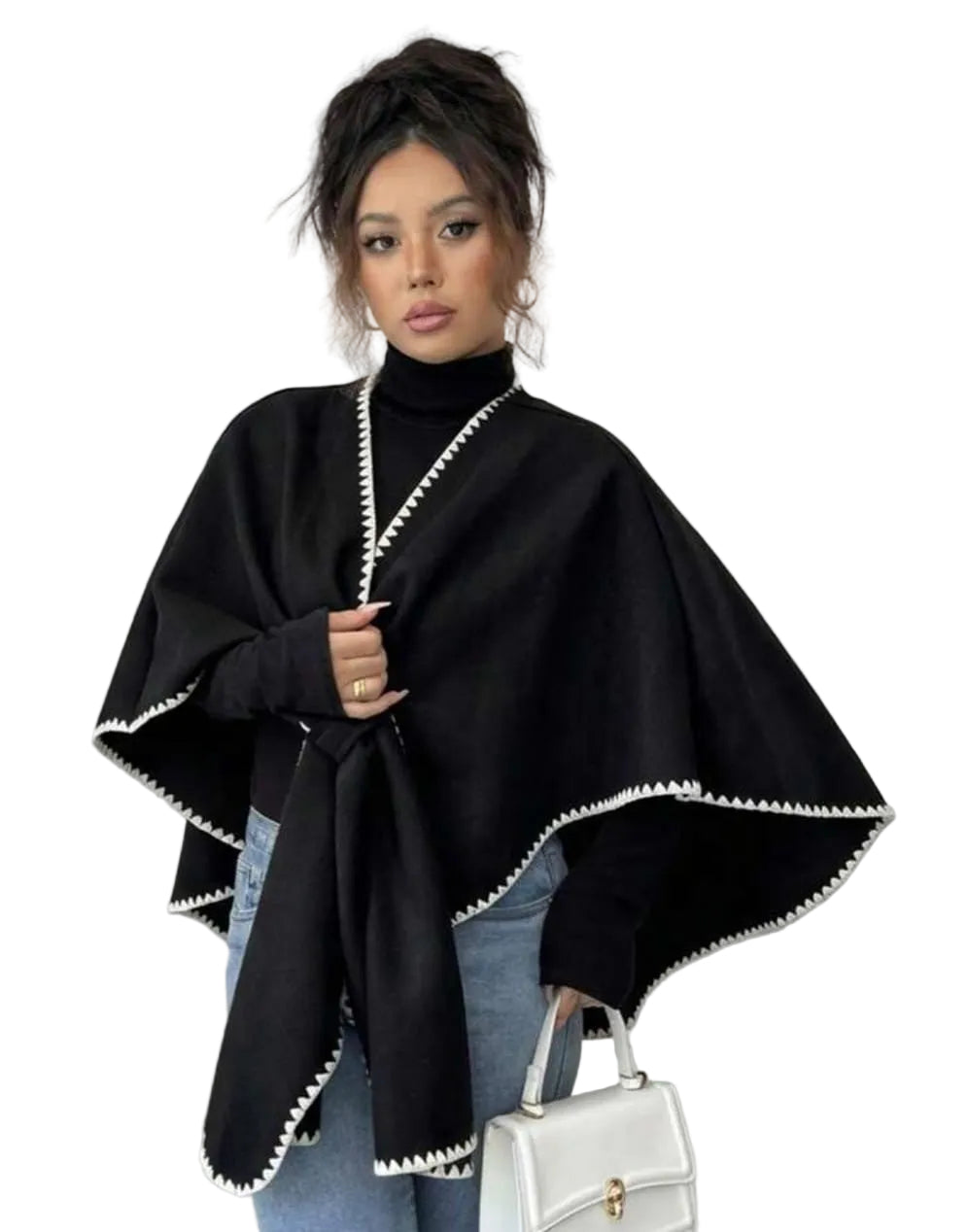 Contrast Trim Wrap Poncho