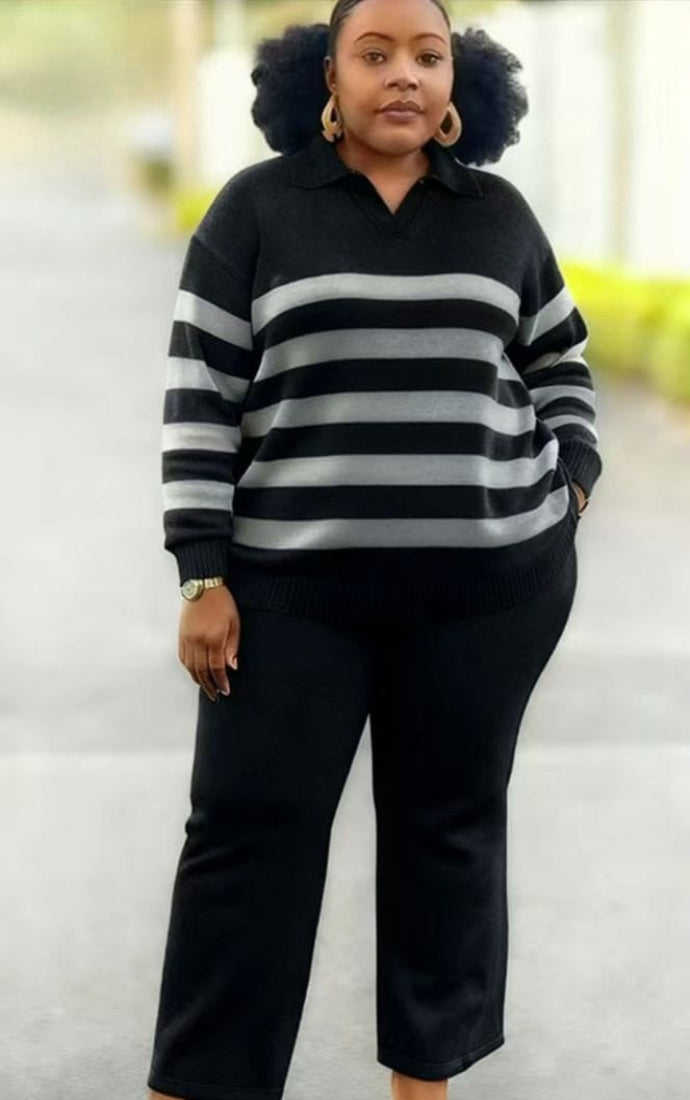Plus Size Striped Polo Knit Co-ord Set