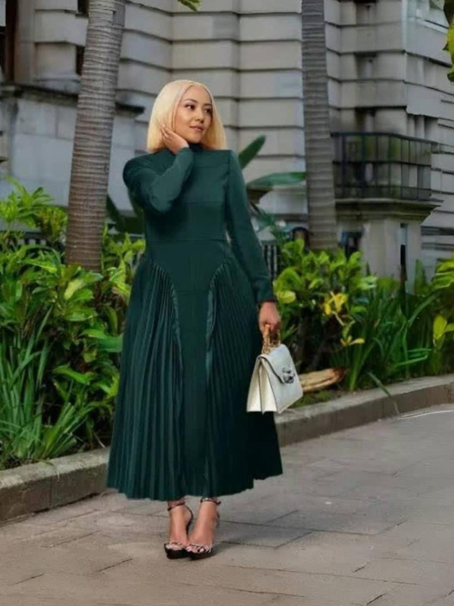 Pleated Midi Dress with Mock Neck