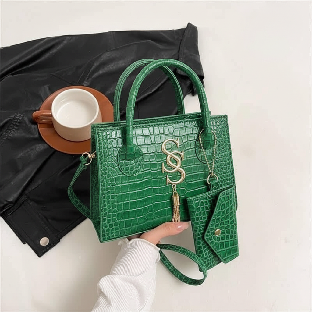 Green Croc-Embossed Handbag Set - Editorial