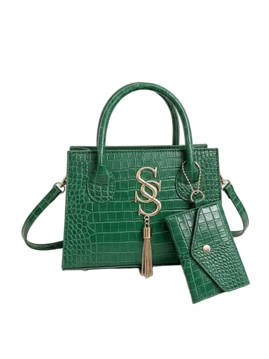 Green Croc-Embossed Handbag Set - White Background