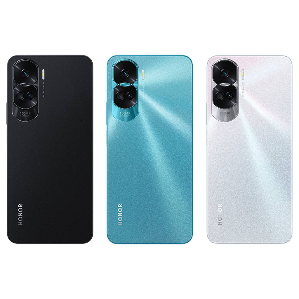 HONOR 90 Lite 5G in Midnight Black, Cyan Lake, and Titanium Silver colour variants - rear view