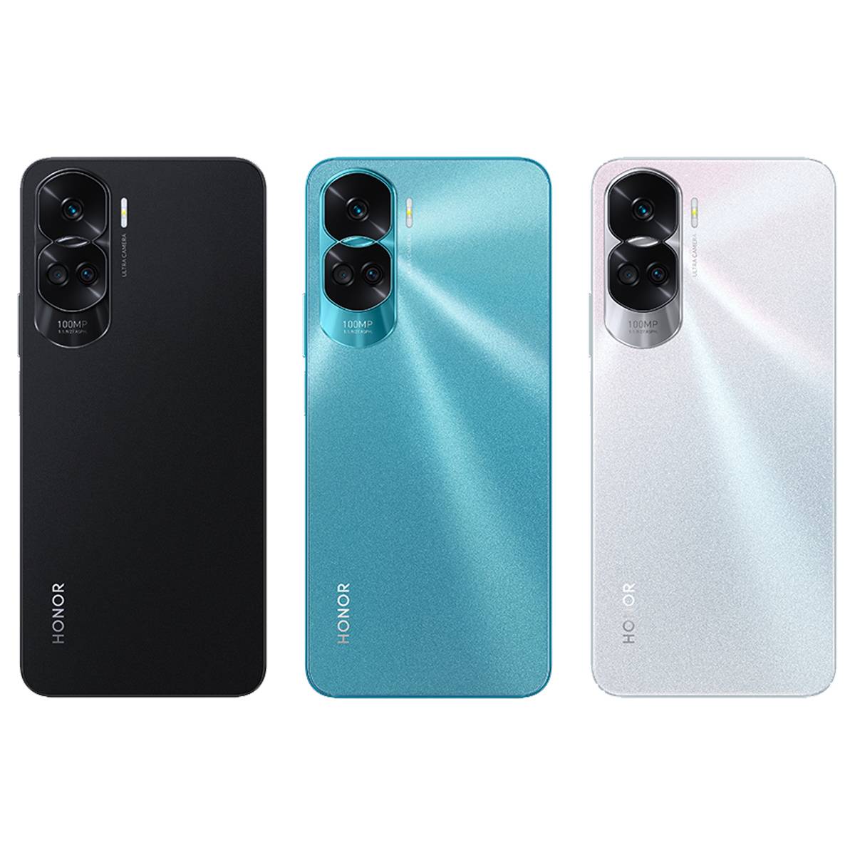 HONOR 90 Lite 5G in Midnight Black, Cyan Lake, and Titanium Silver colour variants - rear view
